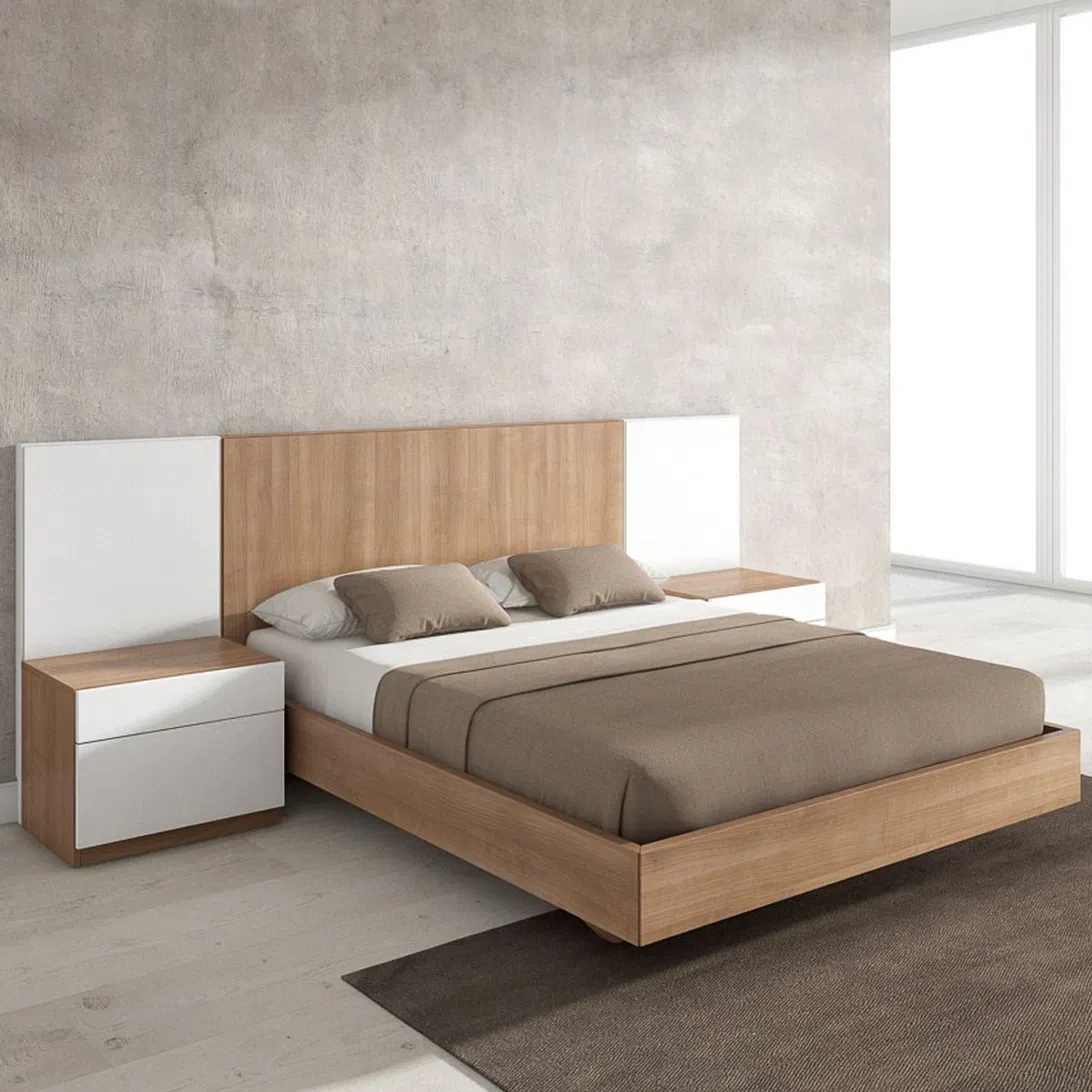 Cama doble de base suspendida en madera y paneles blancos con nochero integrado