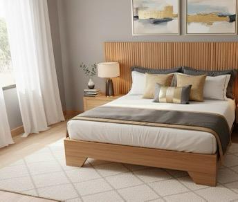 Dormitorio con cabecero de listones horizontales que cruza toda la pared