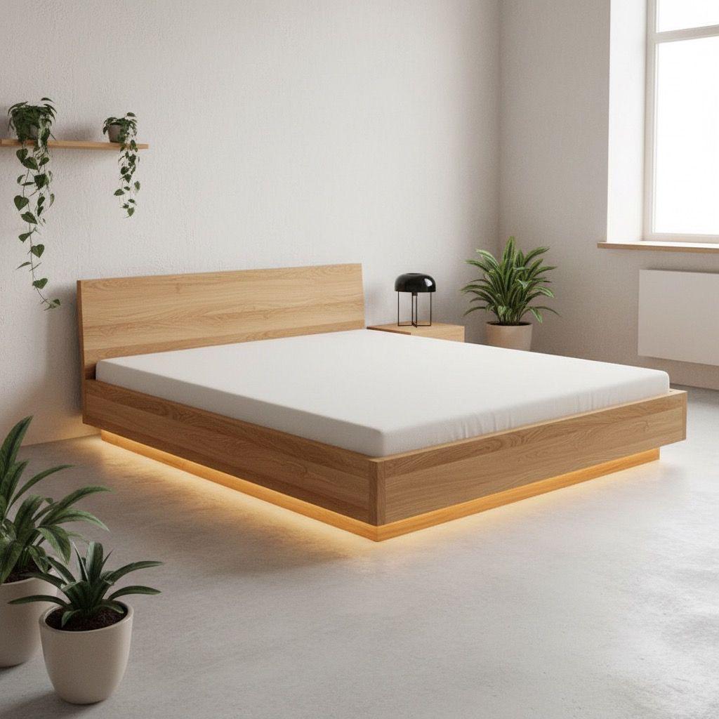 Base de cama en roble con franja de luz cálida por debajo del marco