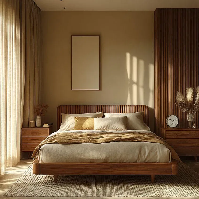 Dormitorio cálido con cama de madera oscura, cabecero acanalado y nocheros gemelos