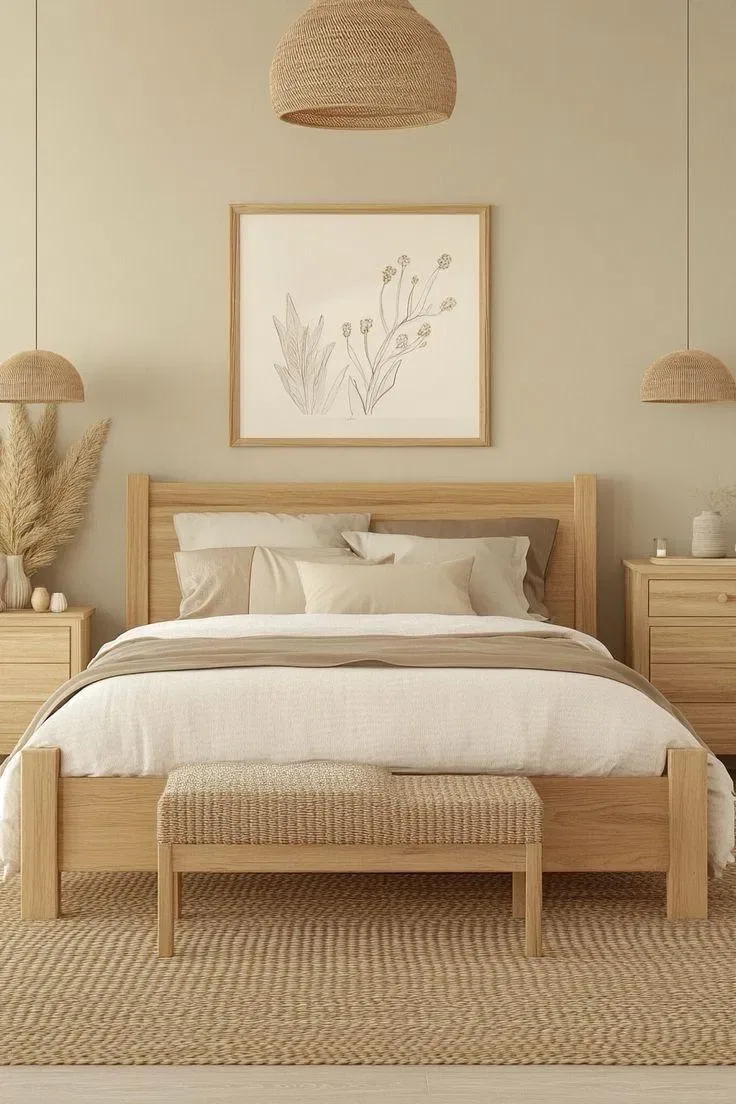 Dormitorio beige con cama de madera clara, dos noches iguales y banca tejida al pie