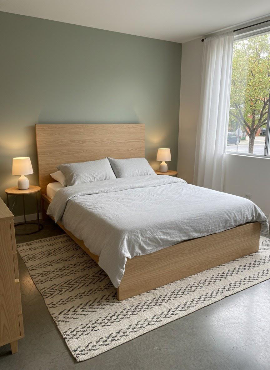 Cama de cabecero alto liso en roble claro contra pared verde profunda