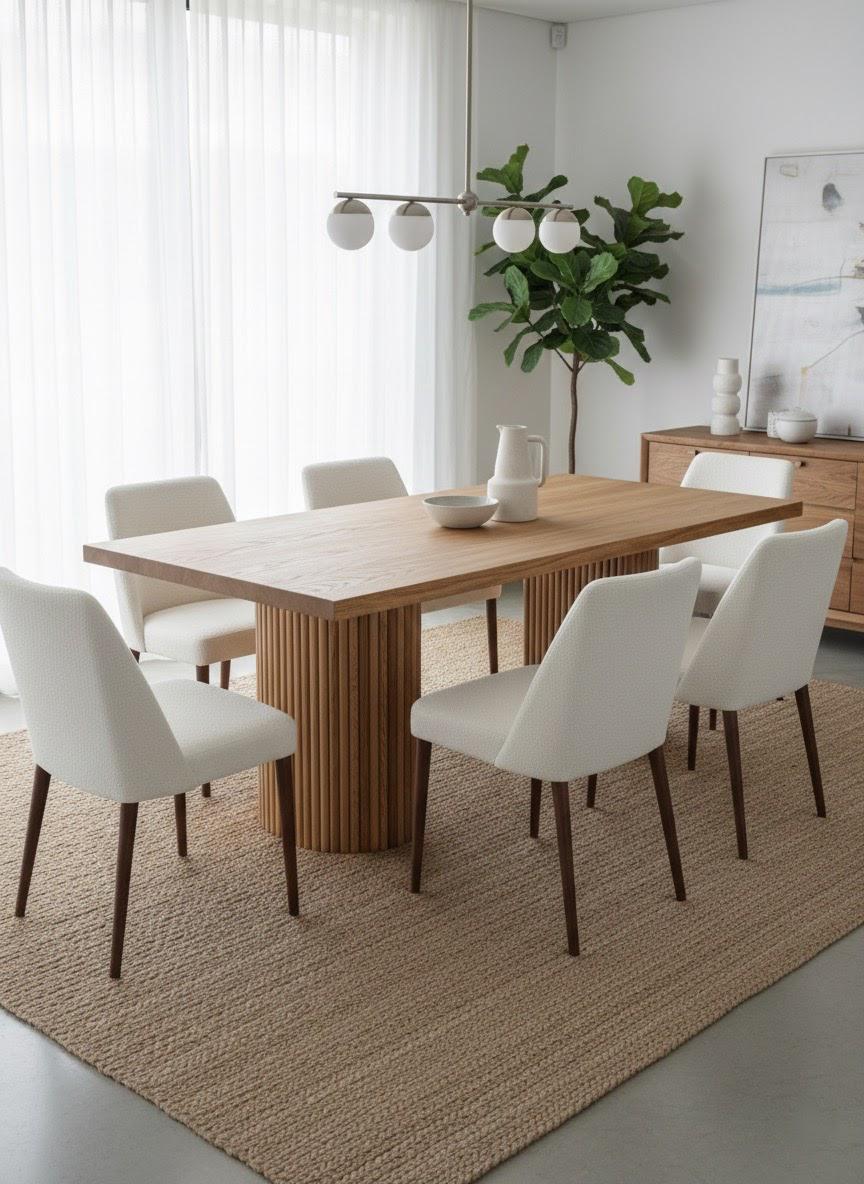 Comedor de seis puestos con sillas tapizadas en blanco y mesa de madera clara
