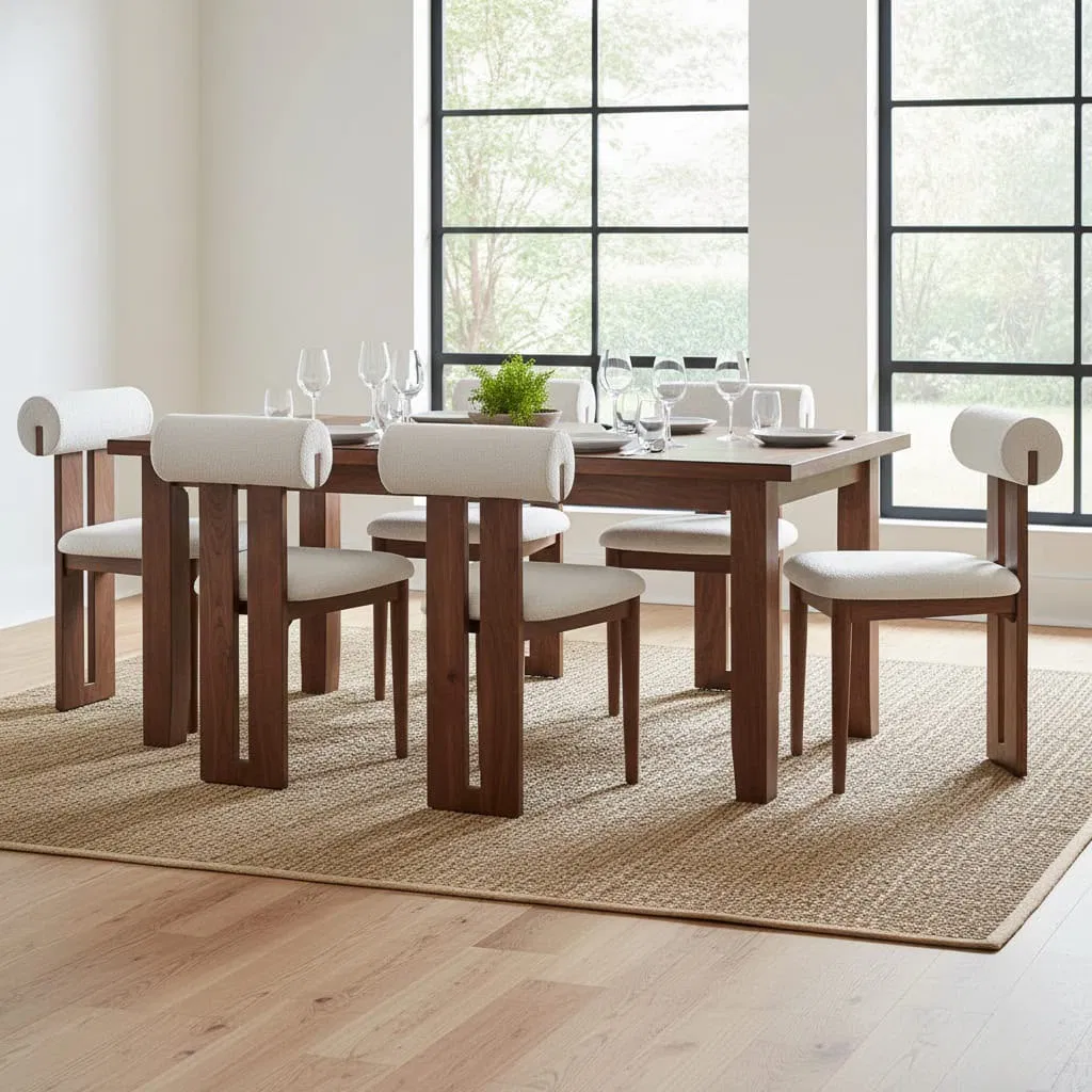 Mesa rectangular de tono oscuro con seis sillas de espaldar redondeado