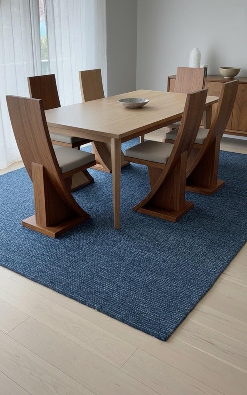 Mesa clara con sillas de respaldo curvo en madera oscura bajo luz cálida