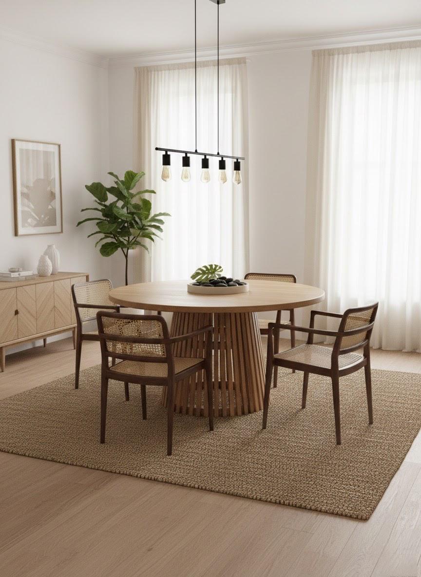 Mesa circular clara rodeada de sillas con tejido de rejilla natural