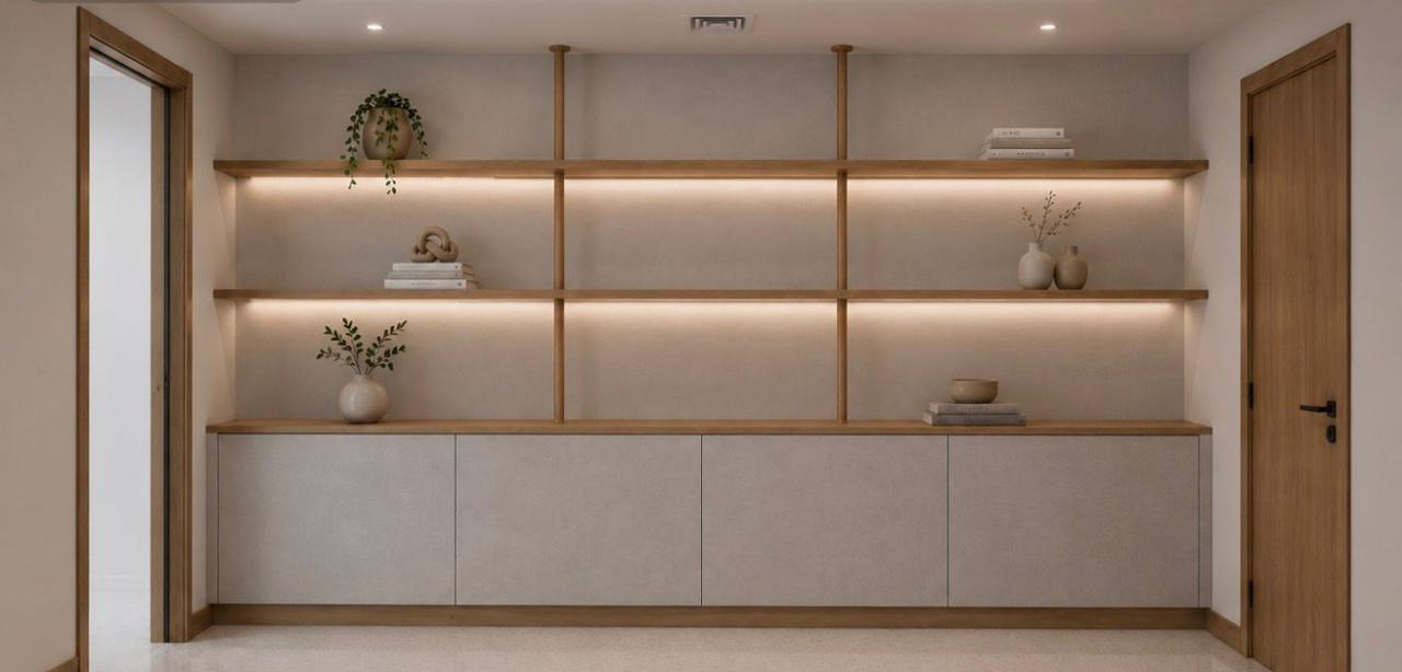Mueble de repisas abiertas con luz indirecta y puertas lisas en la parte baja