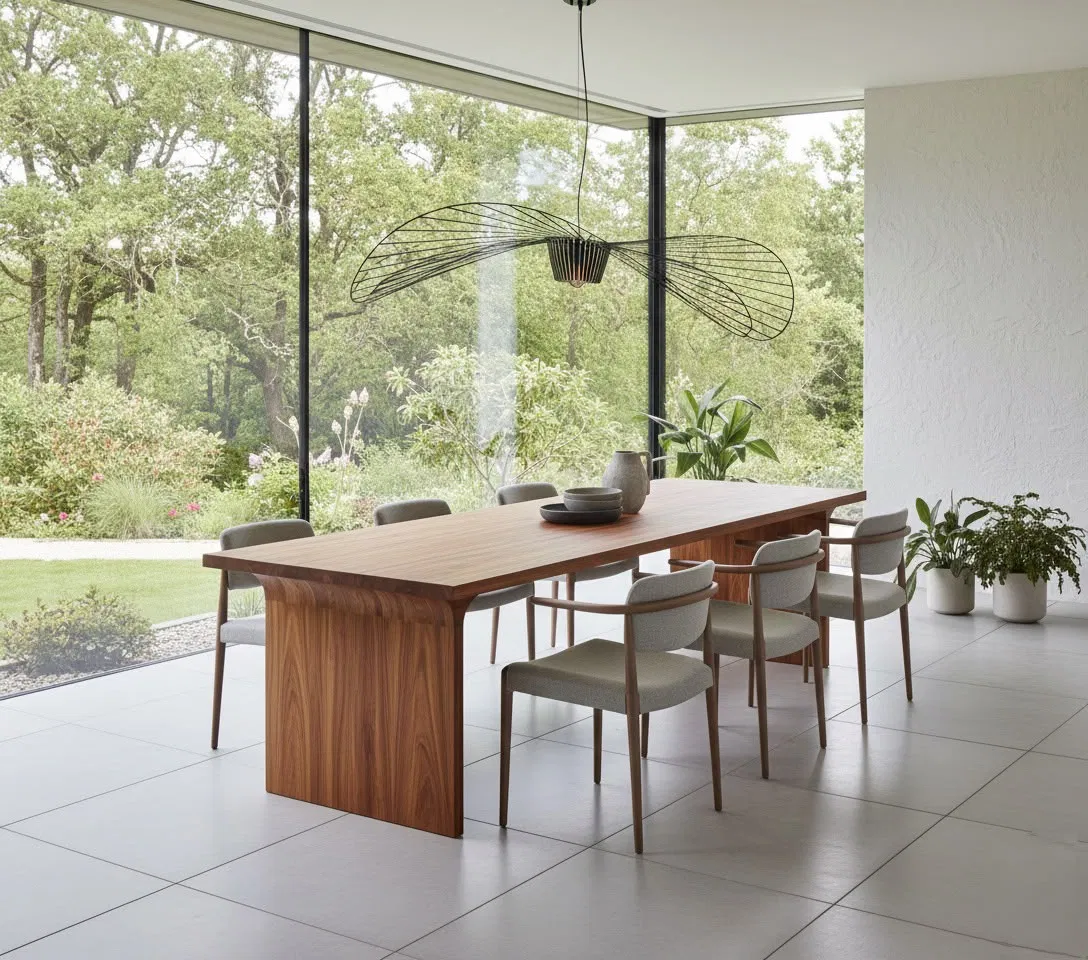 Mesa de gran largo en madera oscura con base maciza envolvente