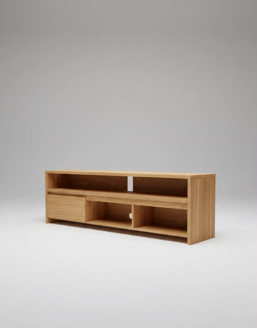 Consola corta de bajo perfil en madera con un cajón y dos nichos