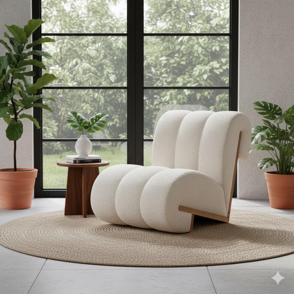 Sillón acolchado color crudo con brazos de madera oscura junto a un ventanal