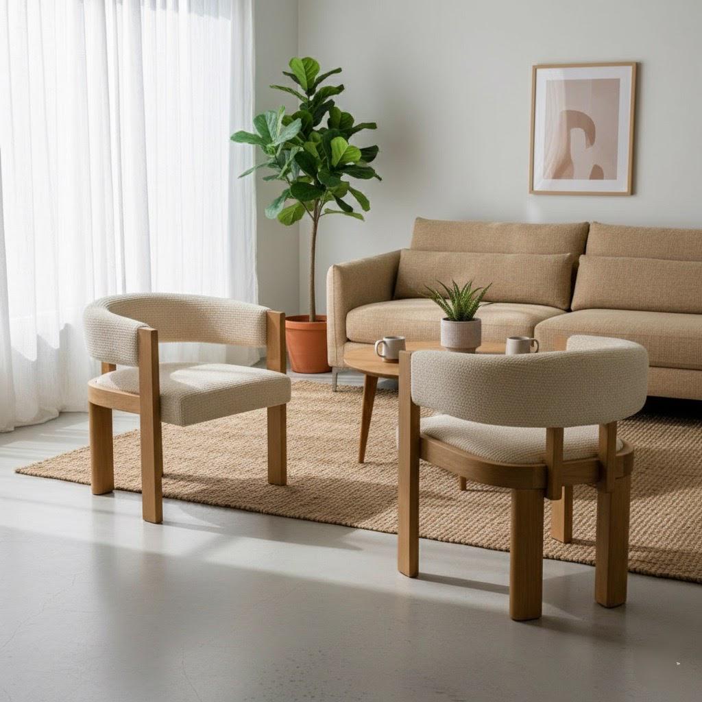Dos sillones redondeados en tela crema frente a un sofá beige y mesa auxiliar