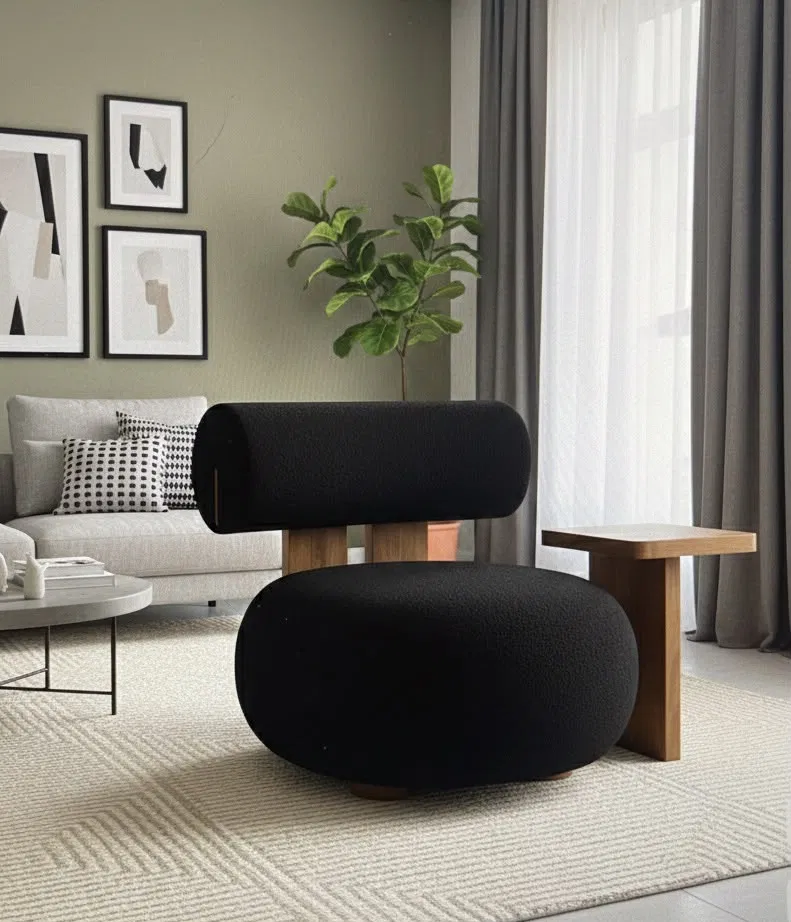 Asiento escultórico en tela negra con mesita de madera al lado