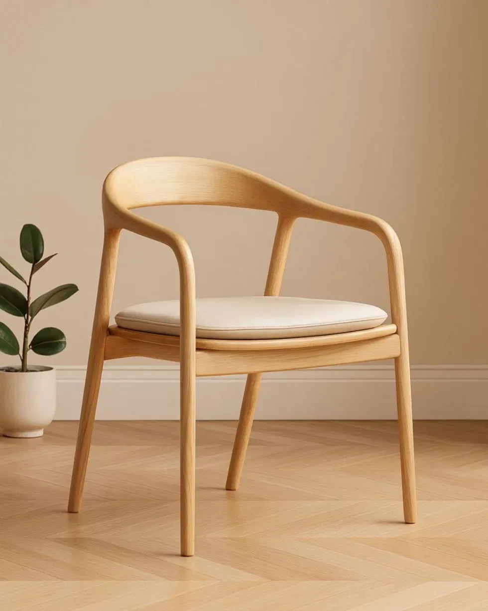 Silla de brazos continuos en madera clara con cojín redondo color hueso
